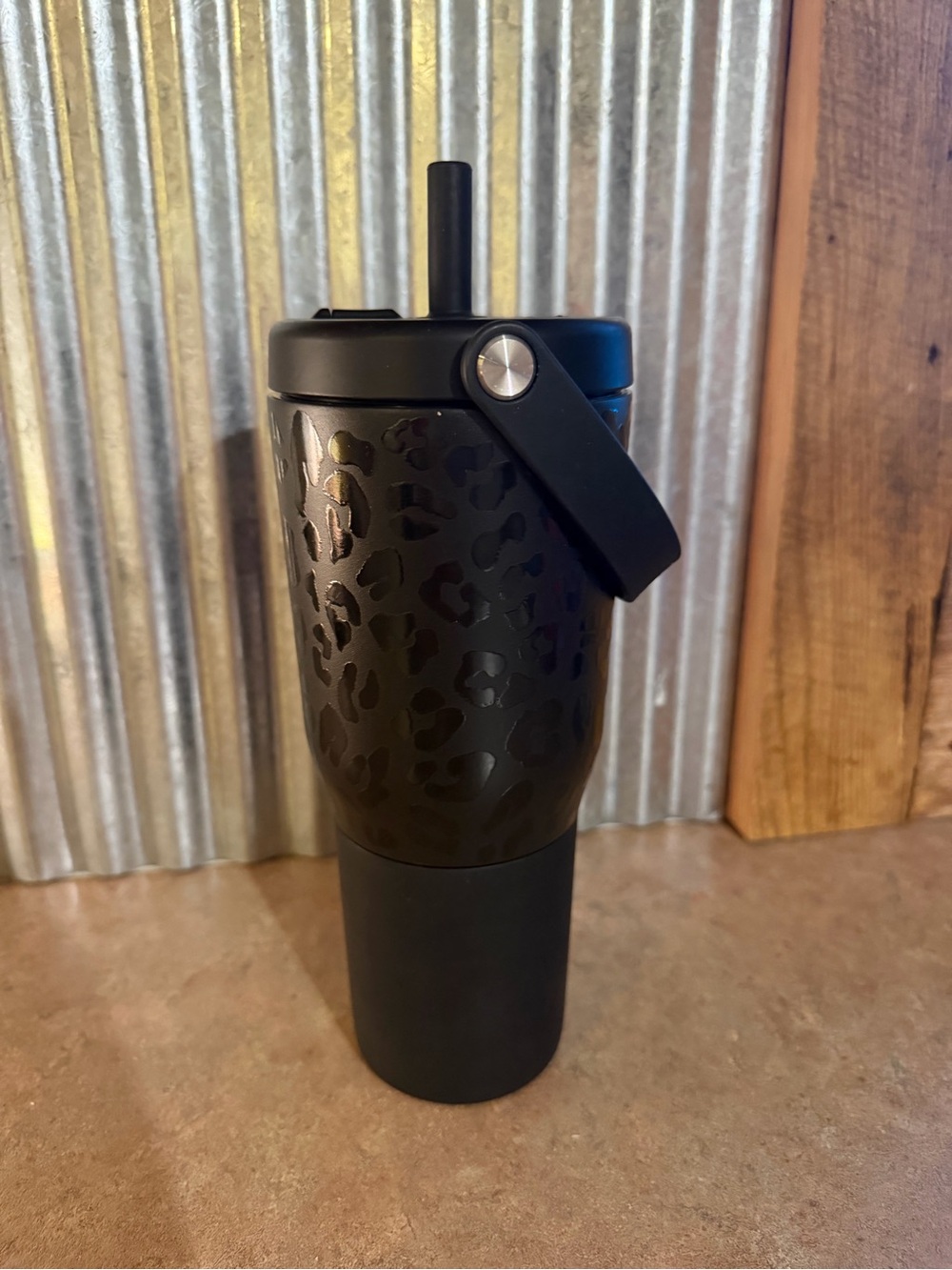 Matte Black Leopard-Print Insulated Travel Tumbler with Straw